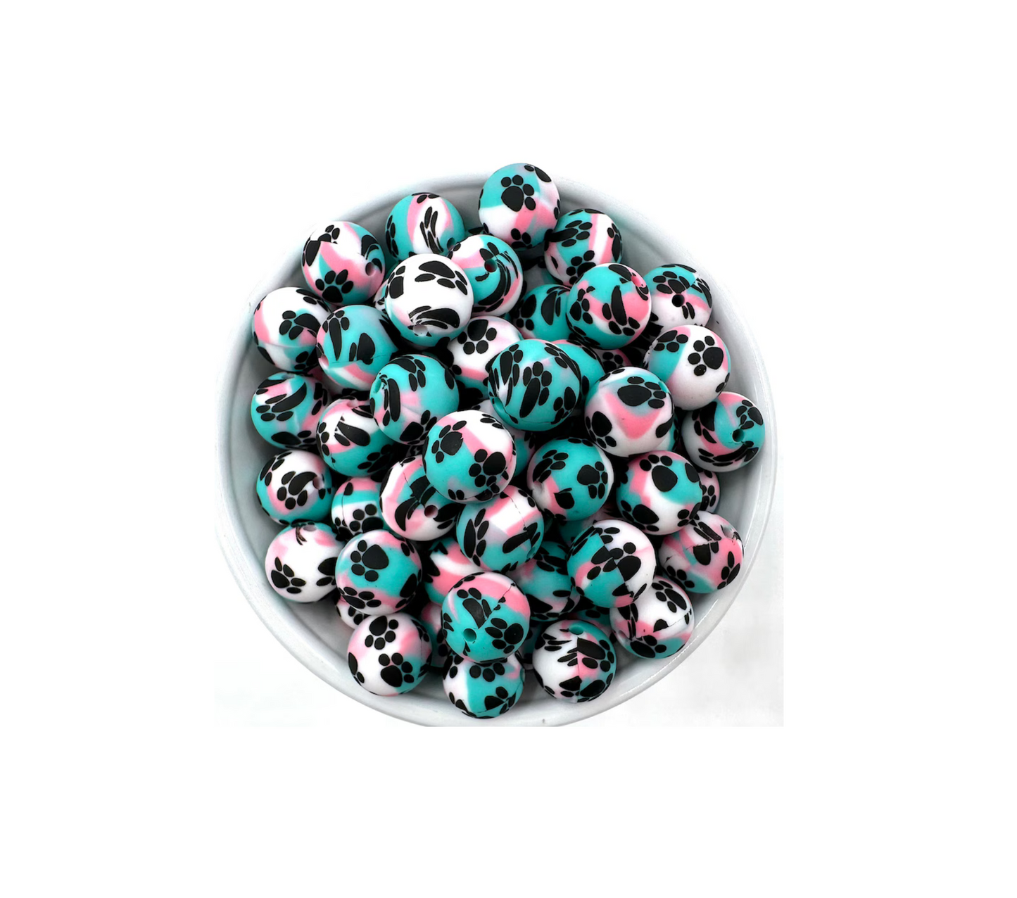 10pc 15mm Paw Print Silicone Beads--Pink & Teal Tie Dye, Silicone Beads